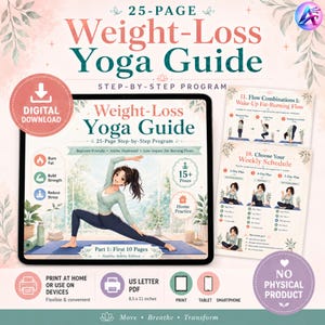 May include: A digital download of a 25-page weight-loss yoga guide. The guide features anime illustrations and step-by-step programs for beginner-friendly, low-impact fat-burning flows. Includes 15+ poses and weekly schedule options.