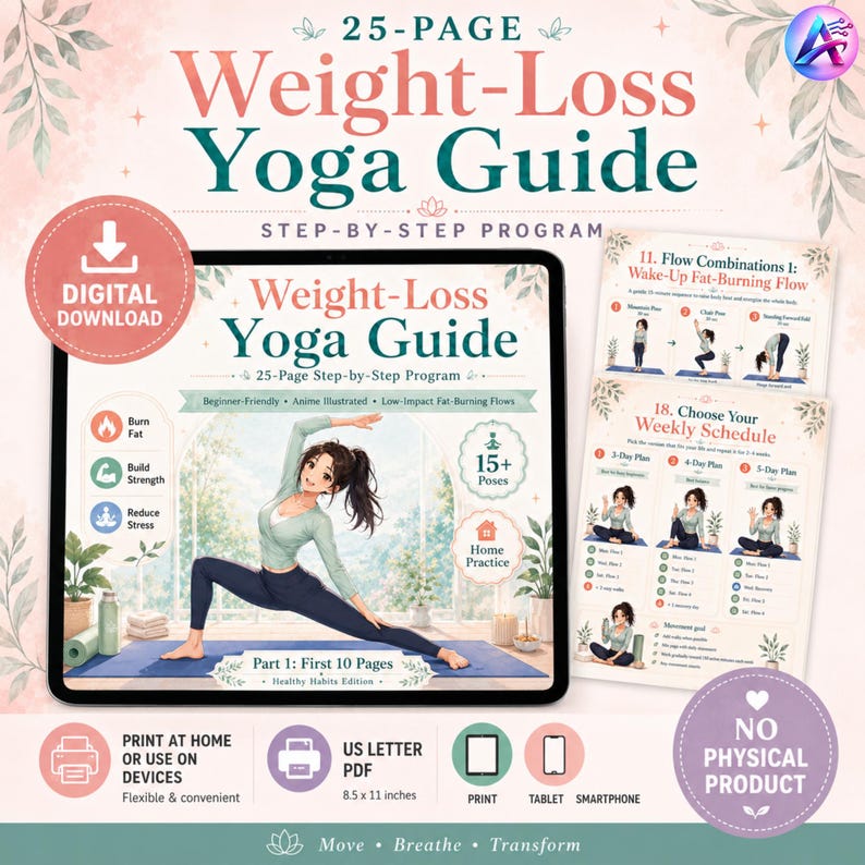 May include: A digital download of a 25-page weight-loss yoga guide. The guide features anime illustrations and step-by-step programs for beginner-friendly, low-impact fat-burning flows. Includes 15+ poses and weekly schedule options.