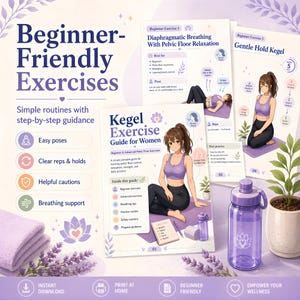 May include: A guide titled "Kegel Exercise Guide for Women" with illustrations of exercises. The image features a purple water bottle, a lavender towel, and text that reads "Beginner-Friendly Exercises" and "Empower Your Wellness."