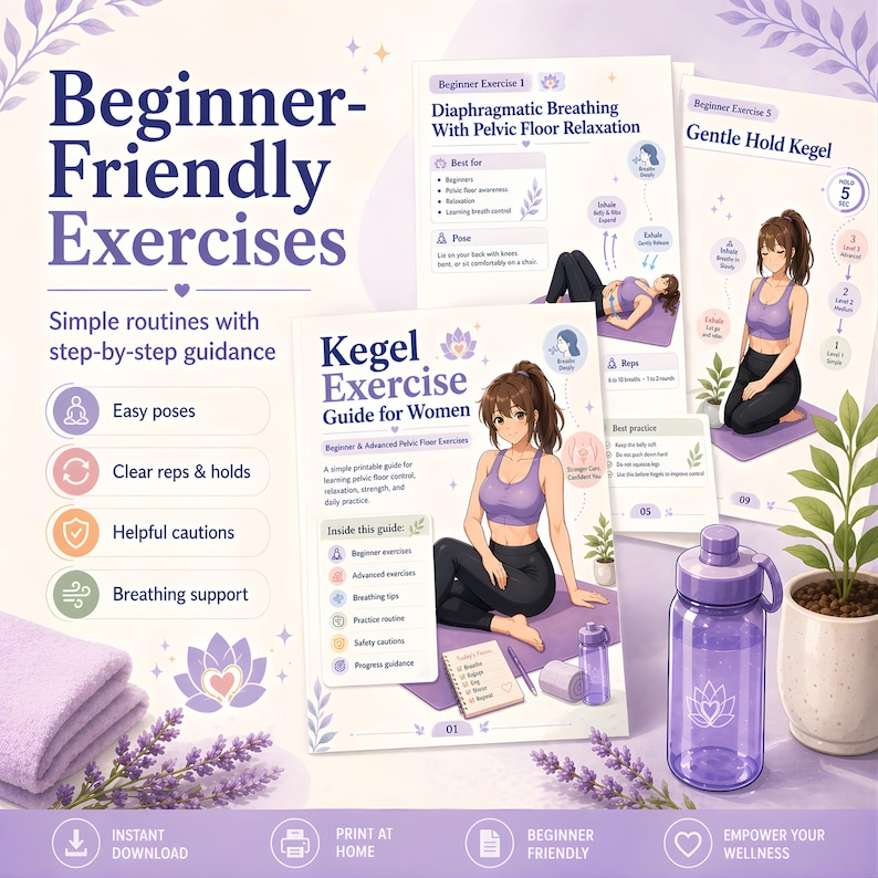 May include: A guide titled "Kegel Exercise Guide for Women" with illustrations of exercises. The image features a purple water bottle, a lavender towel, and text that reads "Beginner-Friendly Exercises" and "Empower Your Wellness."