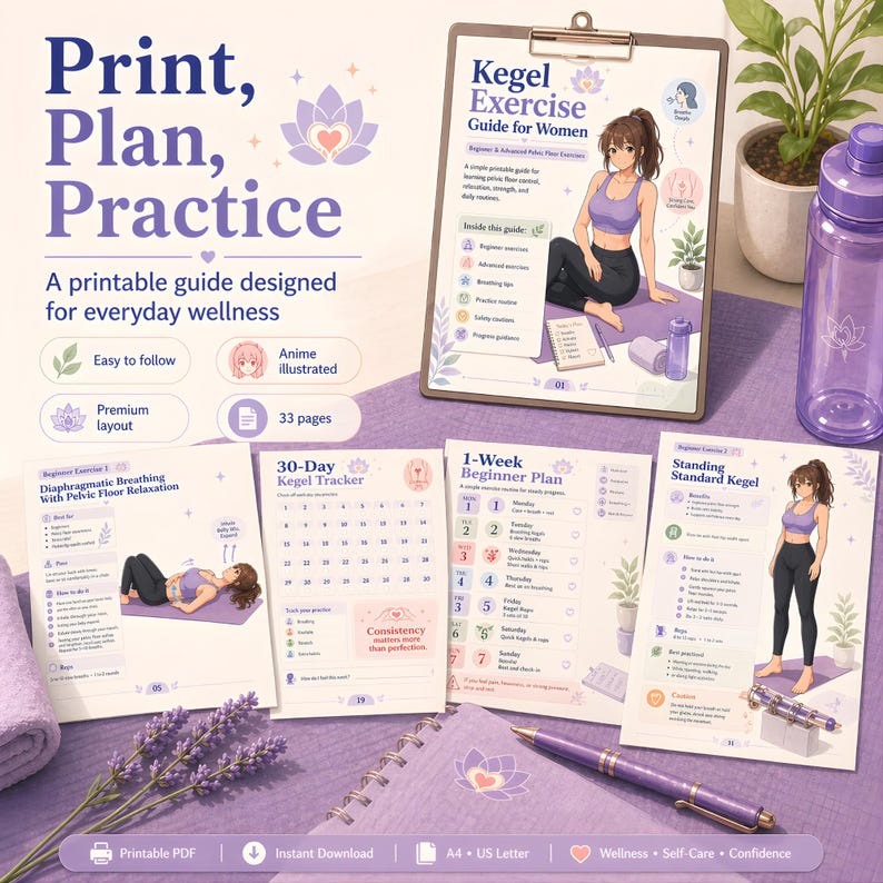 May include: A printable guide for everyday wellness, featuring anime illustrations. The guide includes a 30-day Kegel tracker, a 1-week beginner plan, and exercises for pelvic floor relaxation. The guide is designed for self-care and confidence.