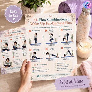 May include: A print at home yoga guide with illustrated poses for a wake-up fat-burning flow. The guide includes a weekly schedule and instructions. A water bottle, candle, and yoga mat are in the background.