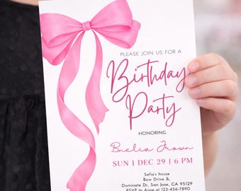 Bow Birthday Invitation Any Age, Minimalist Coquette Ribbon Invite, Elegant Teen Girl, Women's Bday Party, EDITABLE Template