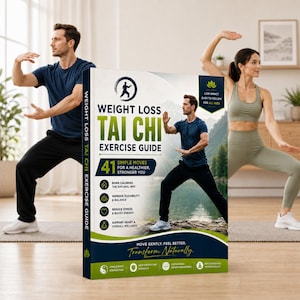 Puede incluir: Un libro rectangular titulado Weight Loss Tai Chi Exercise Guide con una portada que muestra a una persona realizando movimientos de Tai Chi en un entorno natural. La portada incluye texto como 41 Simple Moves y Transform Naturally.