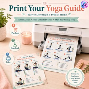 May include: A white printer printing a yoga guide with the text "Print Your Yoga Guide". The guide includes yoga poses and weekly schedules. A lit candle and a pink notebook are also visible.