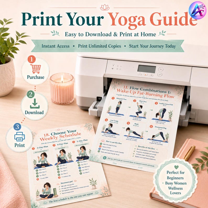 May include: A white printer printing a yoga guide with the text "Print Your Yoga Guide". The guide includes yoga poses and weekly schedules. A lit candle and a pink notebook are also visible.