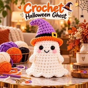Op de afbeelding: Een witte gehaakte geest met een paarse heksenhoed met een oranje rand en een gele gesp. De geest heeft zwarte ogen en roze wangen. De tekst Crochet Halloween Ghost is zichtbaar. Een paarse haaknaald en een schaar liggen op de tafel.