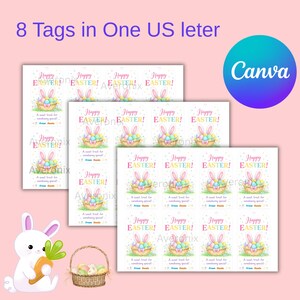 May include: Easter-themed gift tags with a bunny and basket design. The tags feature the text "Happy Easter!" and are printed on US letter-sized paper. The image also includes a Canva logo.