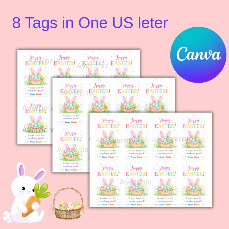 May include: Easter-themed gift tags with a bunny and basket design. The tags feature the text "Happy Easter!" and are printed on US letter-sized paper. The image also includes a Canva logo.