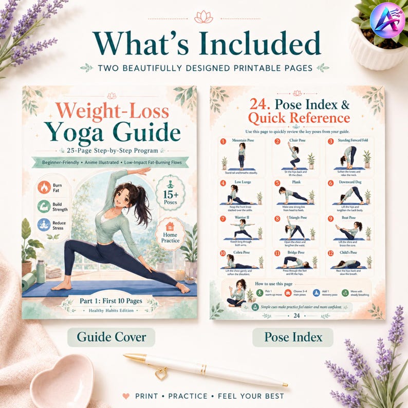 May include: Two printable yoga guides are displayed. The "Weight-Loss Yoga Guide" features an anime illustration and details a 25-page step-by-step program. The "Pose Index & Quick Reference" page showcases various yoga poses. The text reads "What's Included".
