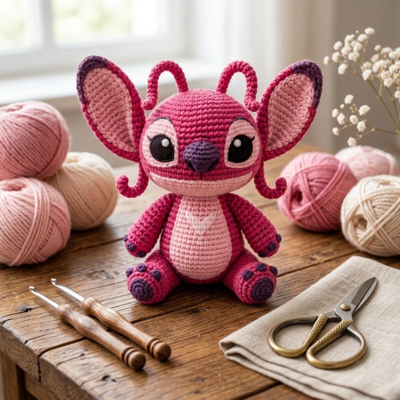 May include: A crochet doll of a pink alien character with large ears, antennae, and dark purple accents on the nose and feet. The doll features a light pink belly patch and large black eyes, crafted with visible yarn stitches in a seated position.