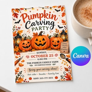 May include: A rectangular invitation card for a Pumpkin Carving Party on Sunday, October 25 at 4:00 PM at The Parker Family Farm. The design features three jack-o'-lanterns, lanterns, autumn leaves, bats, a carving knife, and a wooden sign.