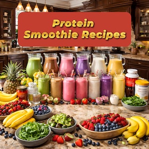 Puede incluir: Una imagen que muestra recetas de batidos de proteínas con varias frutas e ingredientes. La imagen presenta varias jarras y tarros Mason llenos de batidos, junto con cuencos de bayas frescas, plátanos y otras frutas. El texto "Protein Smoothie Recipes" se muestra en la parte superior.