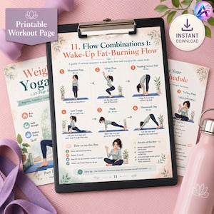 May include: A black clipboard displays a workout routine titled "Wake-Up Fat-Burning Flow" with illustrations of yoga poses. Accompanying materials include a pink water bottle, a yoga book, and a purple resistance band. The text "Instant Download" is visible.