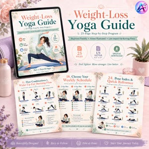 May include: A weight-loss yoga guide with a 25-page step-by-step program. The guide is beginner-friendly and anime-illustrated, with low-impact fat-burning flows. Includes pose index, weekly schedules, and digital download. The guide is US letter size, 8.5" x 11".