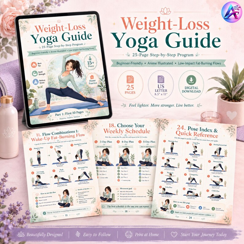 May include: A weight-loss yoga guide with a 25-page step-by-step program. The guide is beginner-friendly and anime-illustrated, with low-impact fat-burning flows. Includes pose index, weekly schedules, and digital download. The guide is US letter size, 8.5" x 11".