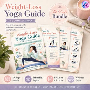 May include: A weight-loss yoga guide bundle with a 25-page booklet. The cover features an illustration of a woman in a yoga pose. The guide is beginner-friendly, low-impact, and designed for home practice. Includes US Letter size 8.5 x 11 in.