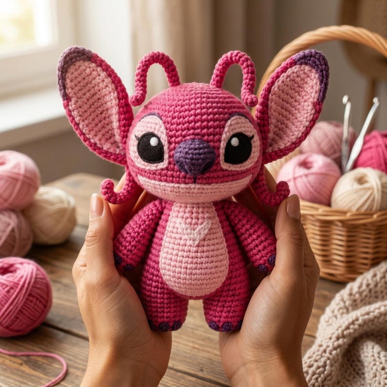 May include: A crocheted plush toy featuring a pink and light pink alien character with large ears, two antennae, and a dark purple nose. The figure has black eyes with white highlights and a light pink belly patch, crafted with visible yarn stitches.
