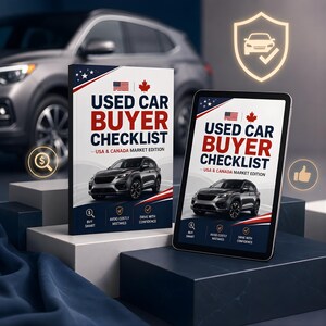 May include: A physical book and a digital tablet displaying the Used Car Buyer Checklist USA & Canada Market Edition. Both feature a dark grey SUV, American and Canadian flags, and icons for buying smart, avoiding mistakes, and driving with confidence.