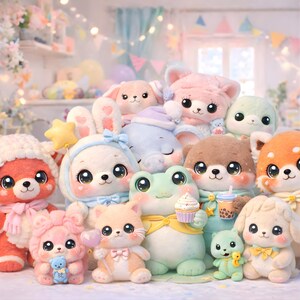 Puede incluir: Una colección de peluches de animales en varios colores, incluyendo rosa, naranja y azul. Los juguetes presentan ojos grandes y expresivos y están diseñados al estilo de personajes de dibujos animados lindos. Algunos sostienen accesorios como cupcakes y bebidas.