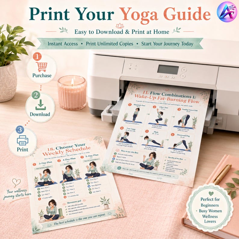 May include: A printer is shown with yoga guide printouts. The text on the printouts includes yoga poses and weekly schedules. The top text reads "Print Your Yoga Guide". A candle and a plant are also visible.