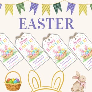 May include: Easter-themed gift tags with the text "Happy Easter!" and a basket of eggs and bunny ears. The tags are decorated with pastel colors and a small illustration. A banner with green, yellow, and purple flags is at the top.