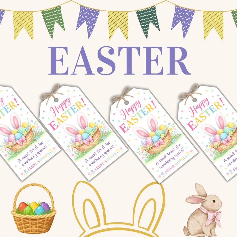 May include: Easter-themed gift tags with the text "Happy Easter!" and a basket of eggs and bunny ears. The tags are decorated with pastel colors and a small illustration. A banner with green, yellow, and purple flags is at the top.