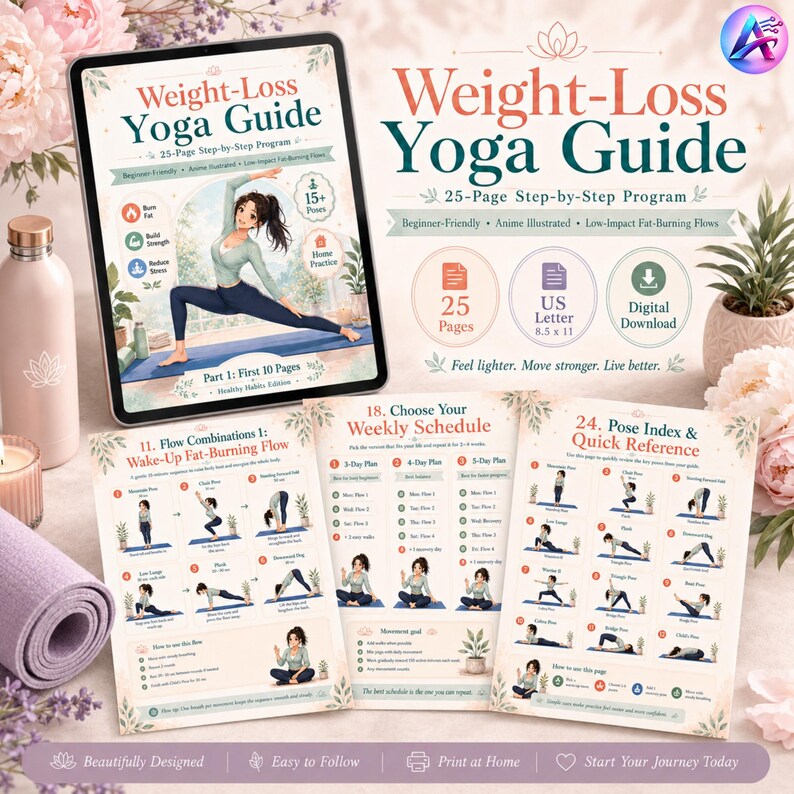 May include: A digital weight-loss yoga guide with a 25-page step-by-step program. The guide includes anime illustrations and low-impact fat-burning flows. The guide is designed to be beginner-friendly and includes a pose index and weekly schedule.