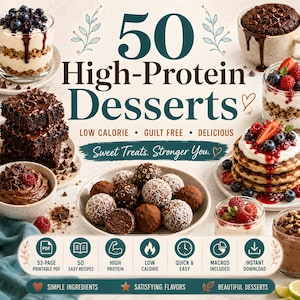 May include: A digital cookbook cover titled 50 High-Protein Desserts featuring images of chocolate brownies, berry parfaits, pancakes, and energy balls. The text includes Low Calorie, Guilt Free, Delicious, and Sweet Treats. Stronger You. Includes icons for PDF.