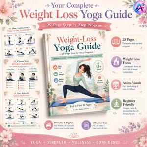 May include: A Weight Loss Yoga Guide book with a woman in a yoga pose on the cover. The book is 8.5 x 11 inches and features a 25-page step-by-step program with anime visuals and beginner-friendly content.