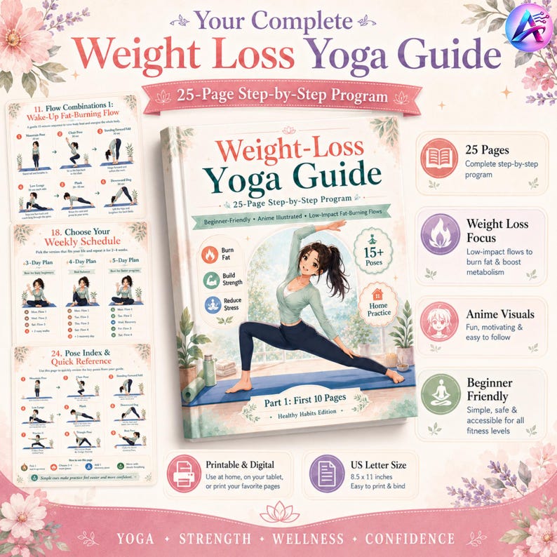 May include: A Weight Loss Yoga Guide book with a woman in a yoga pose on the cover. The book is 8.5 x 11 inches and features a 25-page step-by-step program with anime visuals and beginner-friendly content.
