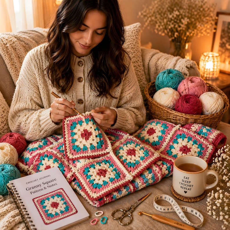 Floral Granny Square Crochet Blanket Pattern | Modern Crochet Blanket ...