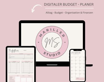 May include: A digital budget planner displayed on a laptop, tablet, and smartphone. The laptop screen shows a pink logo with the text "MARILLER MS STUDIO". The tablet displays a budget sheet, and the phone shows a calendar.
