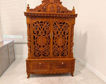 Hand-Carved Teak Wood Pooja Mandir, Floral Design Hindu Temple Doors