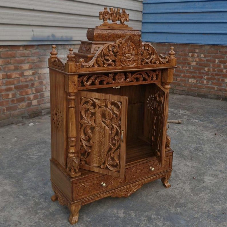 Classi Handcarved Wooden Mandir with Peacock Traditional Design for Home Pooja image 4