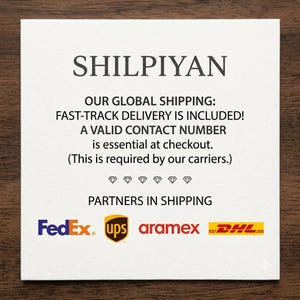 May include: A square white card featuring the black text SHILPIYAN at the top, followed by shipping information and a contact number requirement. Below six diamond icons, the text PARTNERS IN SHIPPING appears above the FedEx, UPS, Aramex, and DHL logos.