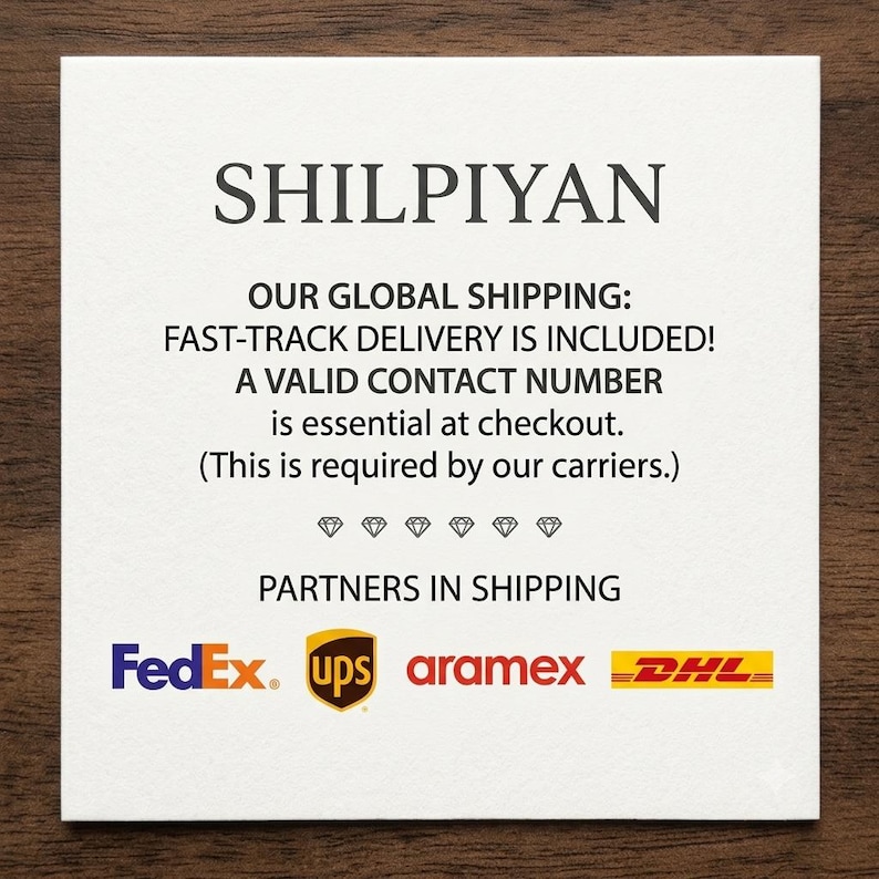 May include: A square white card featuring the black text SHILPIYAN at the top, followed by shipping information and a contact number requirement. Below six diamond icons, the text PARTNERS IN SHIPPING appears above the FedEx, UPS, Aramex, and DHL logos.
