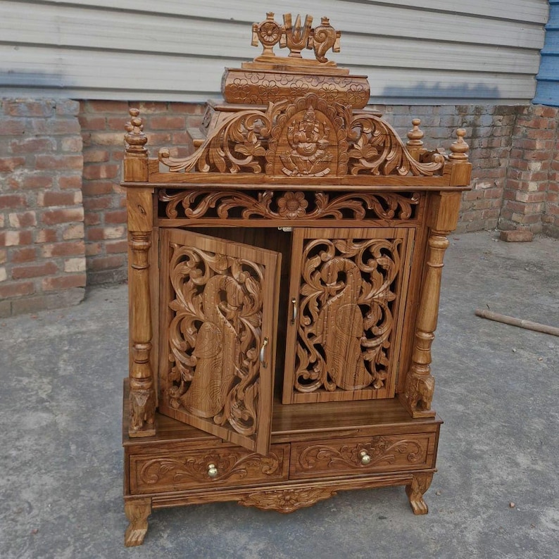 Classi Handcarved Wooden Mandir with Peacock Traditional Design for Home Pooja image 2
