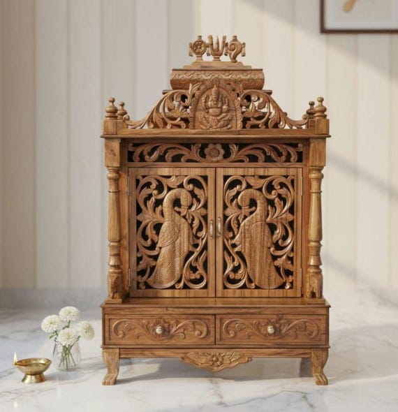Classi Handcarved Wooden Mandir with Peacock Traditional Design for Home Pooja