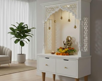 Elegant White Wooden Traditional Home Mandir with Drawers and Hanging Bells Peaceful Temple