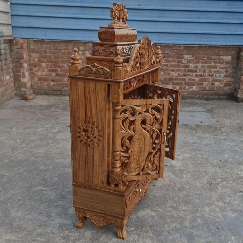 Classi Handcarved Wooden Mandir with Peacock Traditional Design for Home Pooja image 3
