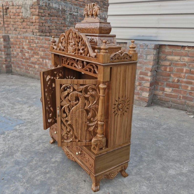 Classi Handcarved Wooden Mandir with Peacock Traditional Design for Home Pooja image 7