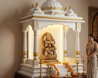 Handmade White Gold Hindu Temple Mandir, Intricate Carving, Divine Idol, Home Decor