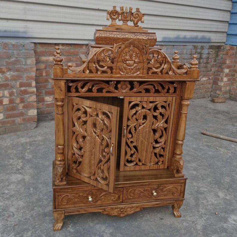 Classi Handcarved Wooden Mandir with Peacock Traditional Design for Home Pooja image 6