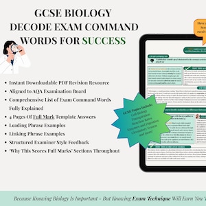 May include: A digital tablet displays a GCSE Biology study guide with the title "Decode Exam Command Words for Success." The guide includes topics like cell biology and reaction rates. A cartoon figure with a magnifying glass is on the left.