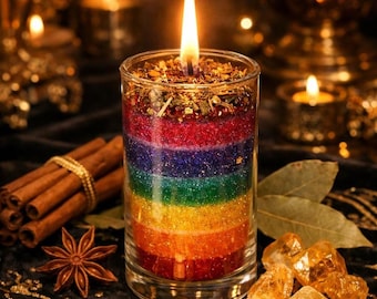 Può includere: Una candela multicolore accesa in un bicchiere, con strati di rosso, arancione, giallo, verde, blu e viola. La candela è circondata da bastoncini di cannella, anice stellato, monete d'oro e cristalli. La candela è ricoperta di erbe e spezie.