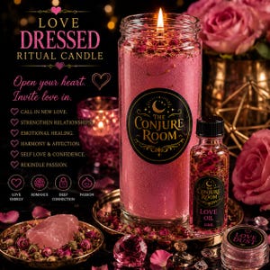 May include: A pink ritual candle in a glass jar with a lit wick, labeled The Conjure Room, accompanied by a 15ml bottle of love oil, a small container of love dust, a pink crystal, and dried rose petals on a gold tray with text.
