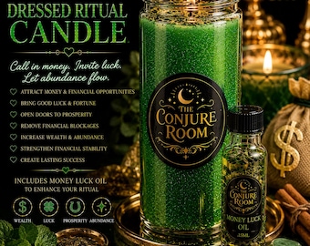 May include: A green ritual candle in a glass jar with a lit wick, topped with herbs, and a black label reading The Conjure Room. Beside it is a small bottle of Money Luck oil, gold coins, mint leaves, and a burlap bag with a dollar sign symbol.