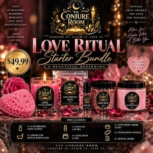 May include: A Love Ritual Starter Bundle featuring a 4 oz candle, 1 oz bath soak, 15 ml oil, 1 oz dust, 2 oz body creme, and an exfoliating sponge. The set includes The Conjure Room branding, pink floral elements, and a printed list of contents.