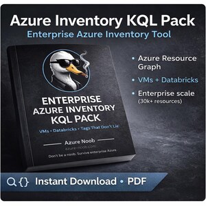 May include: A black book titled "Azure Inventory KQL Pack" with a cartoon duck wearing sunglasses and smoking a cigar. The book includes the text "Enterprise Azure Inventory KQL Pack" and "Instant Download • PDF".